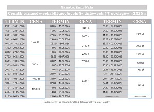 Cennik turnusów rehabilitacyjnych 8 - dniowych 2026